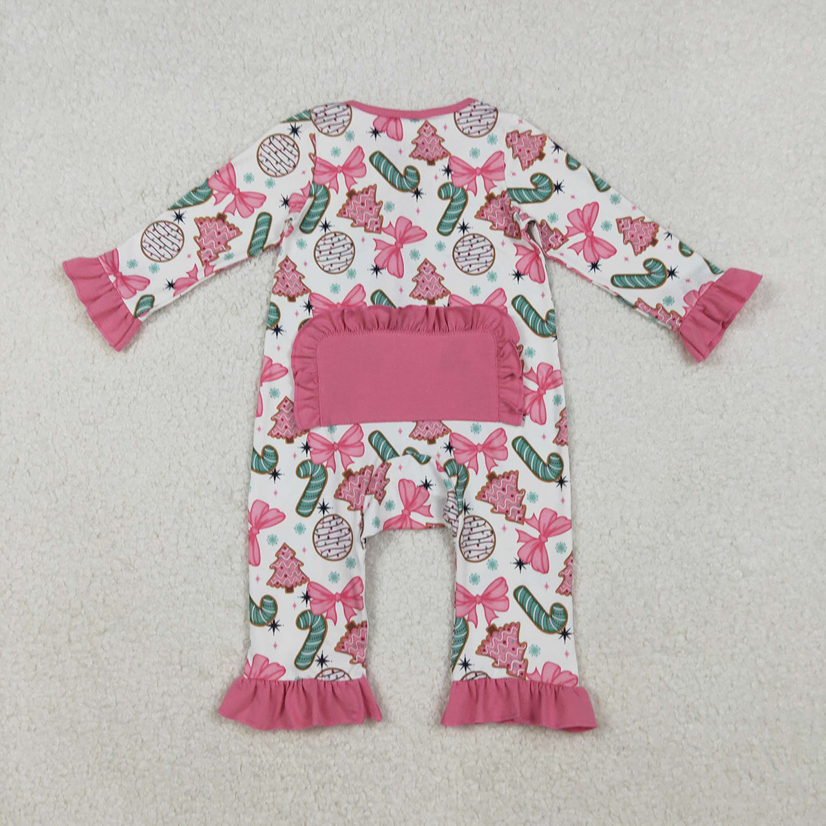 10.18 RTS NO MOQ (In stock)LR2486 Baby Girls Winter Rompers Baby Girls Candy Cane Trees Christmas Ruffle Zipper Footie Rompers