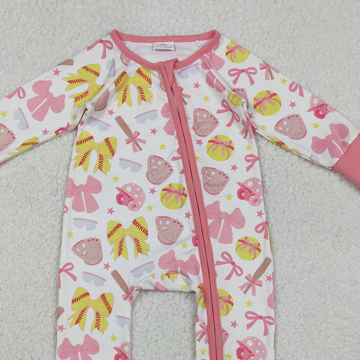 10.23 RTS NO MOQ (In stock)LR2705 Baby Girls Winter Rompers Baby Girls Pink Yellow Baseballs Bows Team Zipper Footie Rompers
