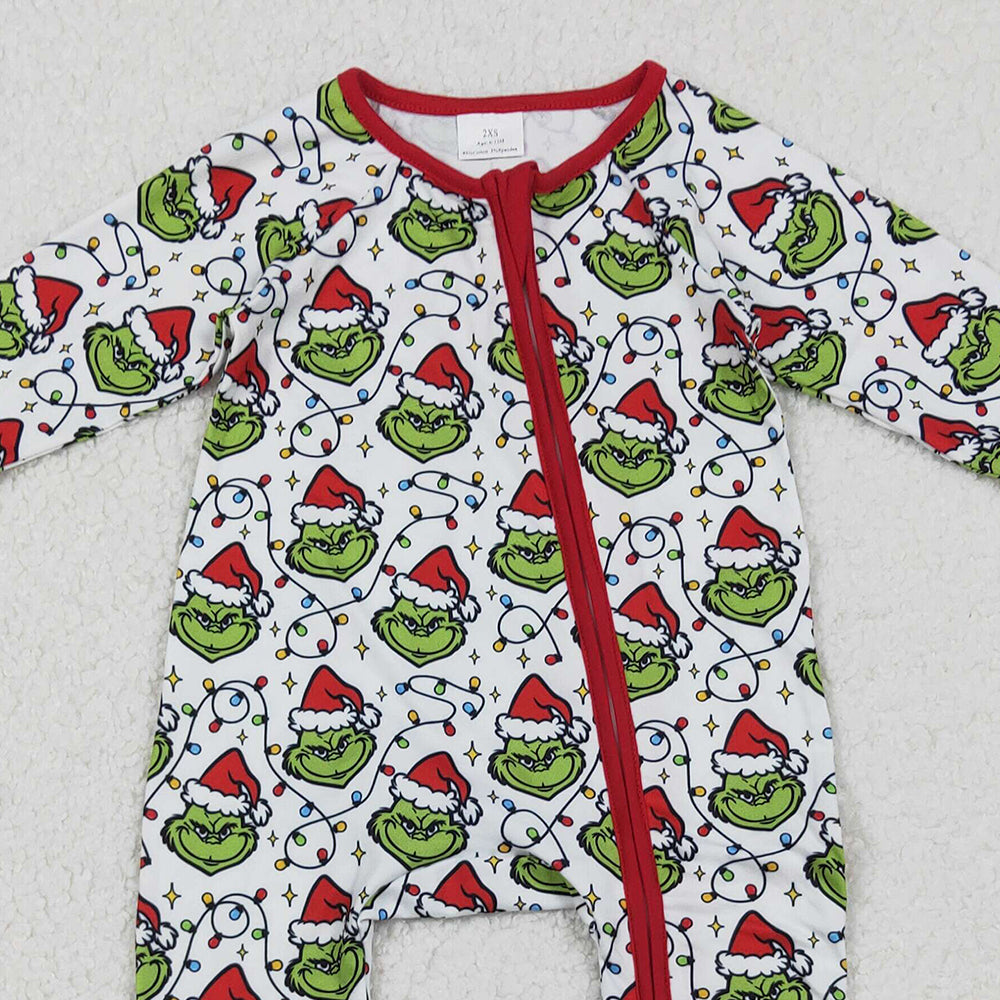RTS NO MOQ (In stock)LR2574 Baby Boys Winter Rompers Christmas Lights Green Face Plaid Zipper Footie Rompers