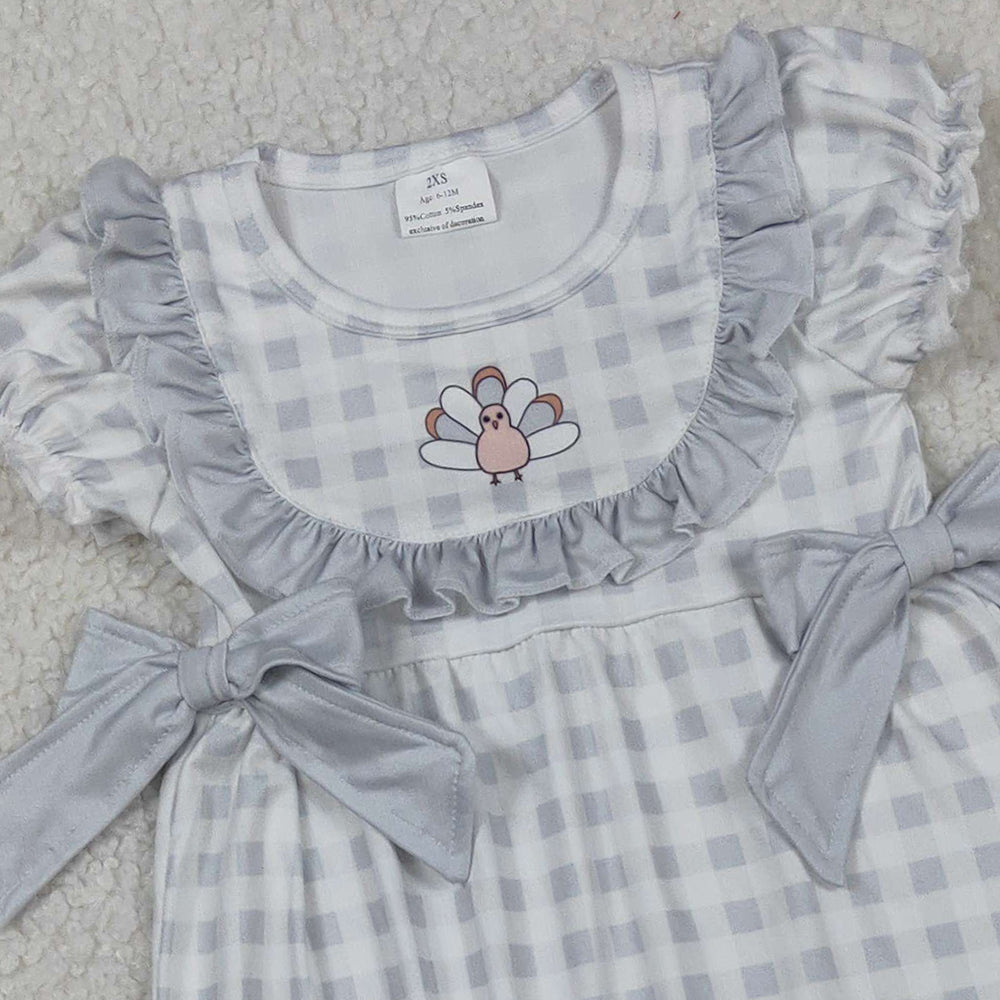 RTS NO MOQ (In stock)SR1970 Baby Girls Autumn Rompers Plaid Turkey Romper Short Sleeves Thanksgiving Theme Outfit