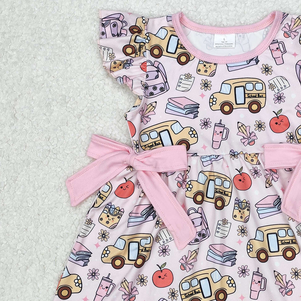 GSD1819Girls Back to School Dress with Flutter Sleeves Apple Pencil Book Print Cute Casual Fashion for Women