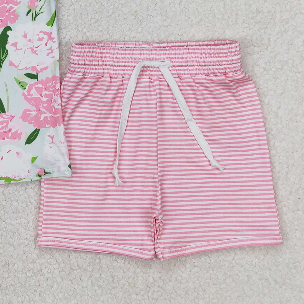 5.16 GSSO2357 RTS NO MOQ Sleeveless pink floral top stripe shorts girls clothing set