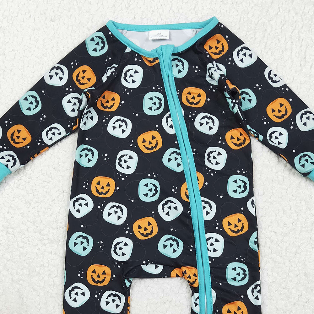 RTS NO MOQ (In stock)LR2465 Baby Boys Winter Rompers Baby Boys Ghost Pumpkins Fall Zipper Footie Rompers