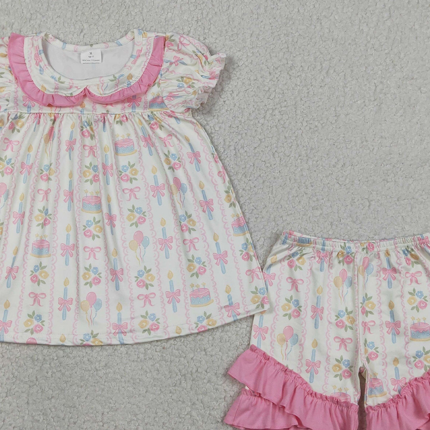 GSSO3445 RTS NO MOQ (In stock )Short sleeves balloon floral bow girls happy birthday outfits