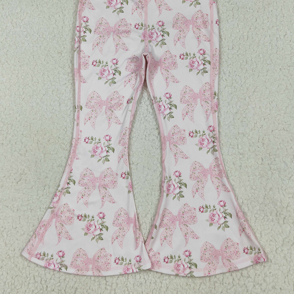 8.14 P0768 RTS NO MOQ Baby Girls Yoga Pants Baby Girls Pink Floral Bows Bell Bottom Yoga Pants