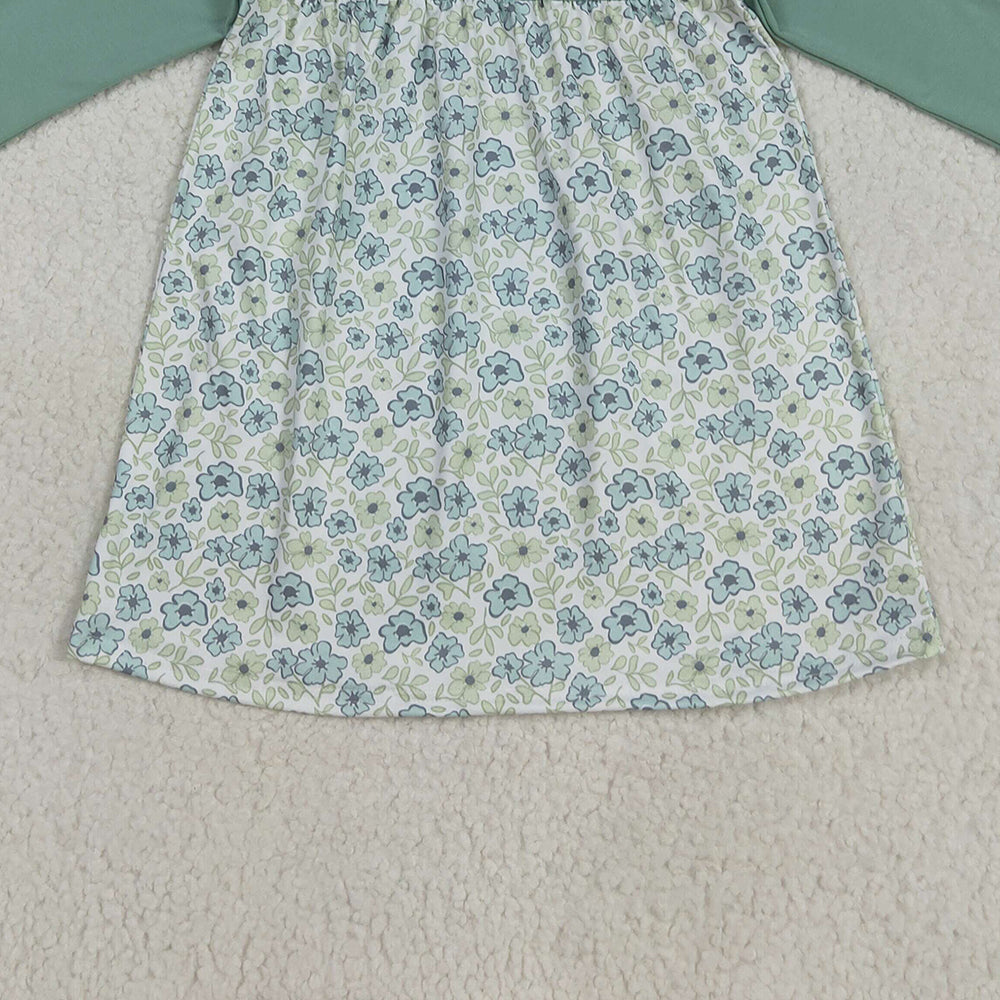 RTS NO MOQ (In stock)GLD1087 Baby Girls Winter Dress Baby Girls Aqua Long Sleeves Flowers Plaid Knee Length Dresses