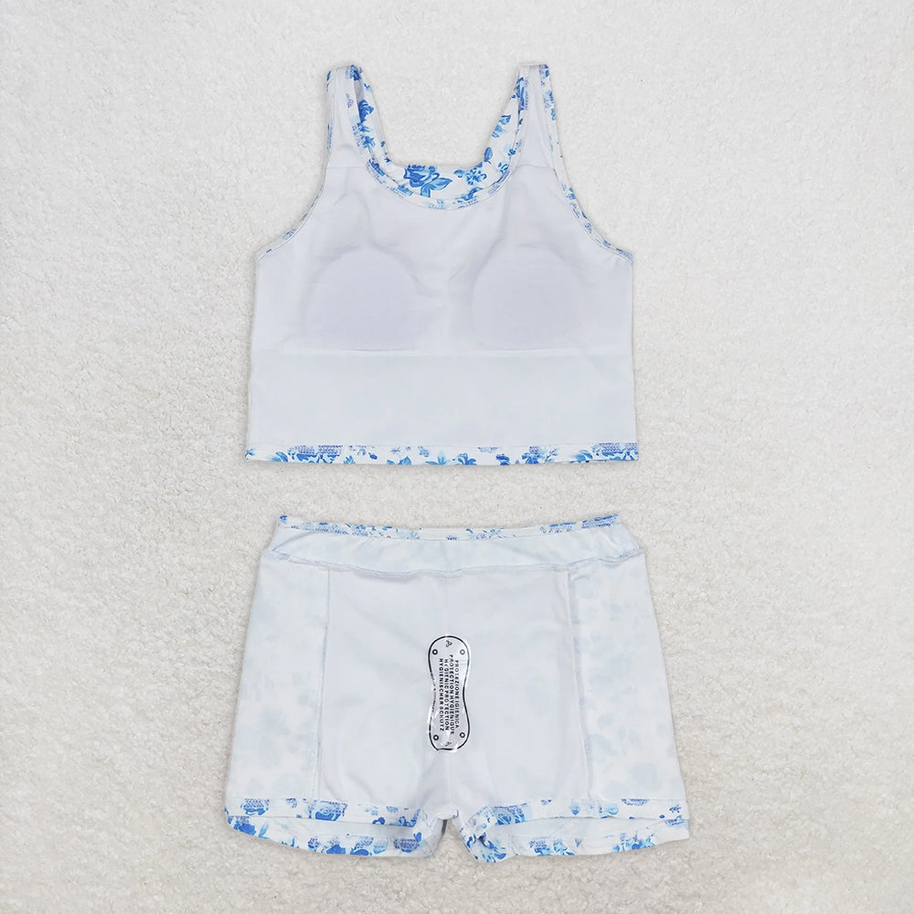 GSD0995 RTS NO MOQ Baby Girls Yoga Outfits Baby Girls Summer Blue Flowers Top Skirts Active Wear Clothes Sets