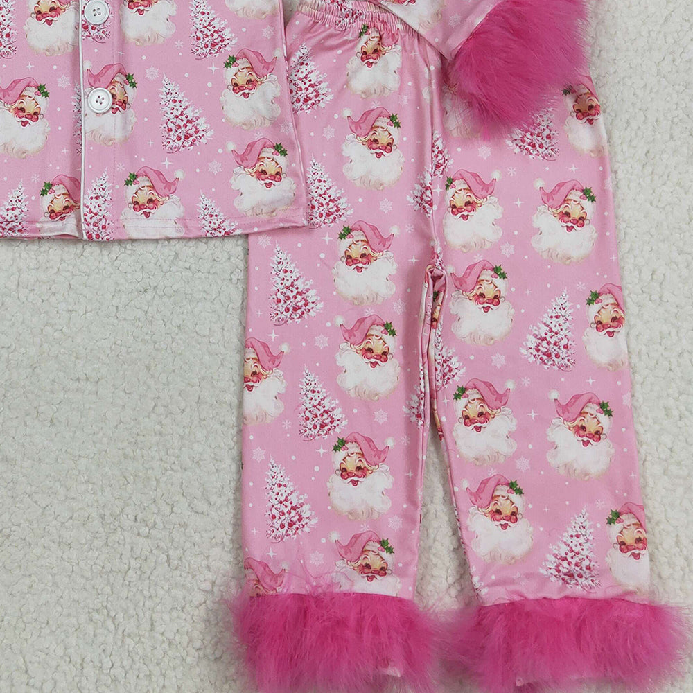 RTS NO MOQ (In stock)GLP2424 Baby Girls Winter Outfits Baby Girls Pink Fur Sleeve Santa Trees Button Top Pant Christmas Pajamas Set