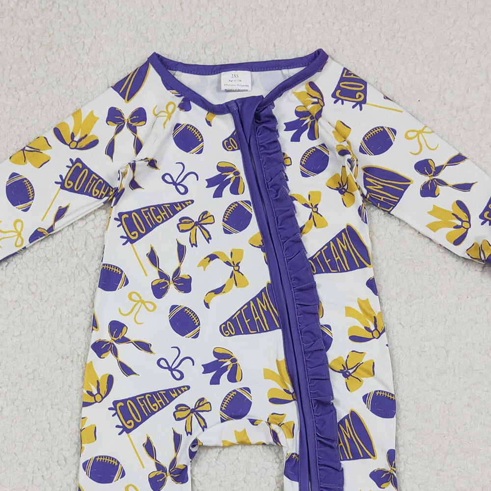 9.29 RTS NO MOQ (In stock)LR2513 Baby Girls Winter Rompers Baby Girls Team Purple Bows Footballs Ruffle Zipper Footie Rompers