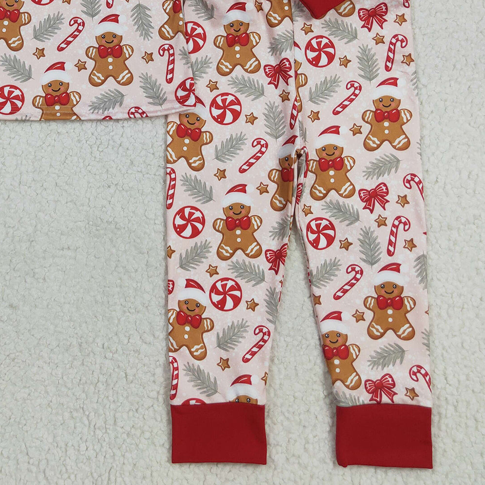 8.23 RTS NO MOQ (In stock)BLP1093 Baby Boys Winter Outfits Baby Boys Red Gingerbread Candy Cane Top Pant Christmas Pajamas Set