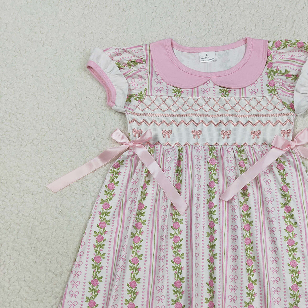 RTS NO MOQ (In stock)GSD2717 Baby Girls Summer Dress Smocked Embroidery Bows Baby Girls Flowers Stripe Knee Length Dresses