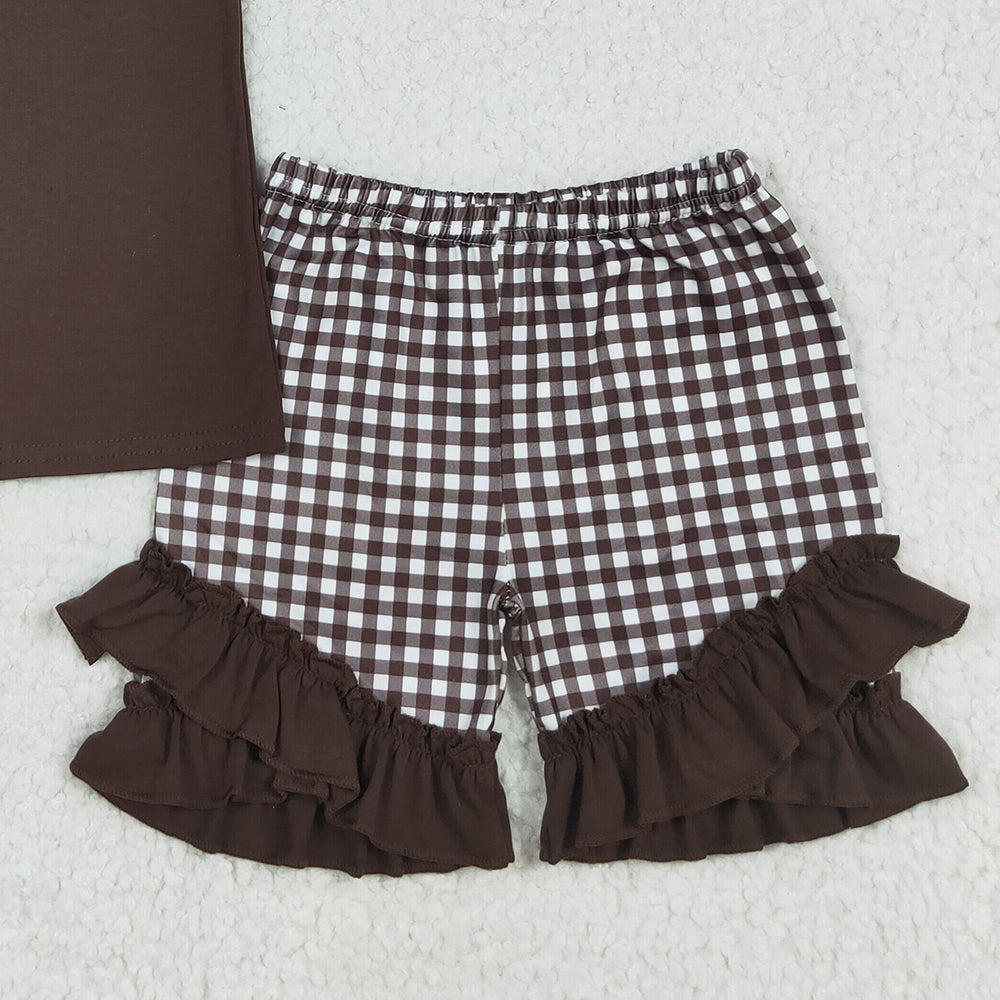 RTS NO MOQ (In stock) GSSO2672 Baby Girls Summer Outfits Embroidery Baby Girls Brown Short Ruffle Sleeves Ducks Top Plaid Short Set