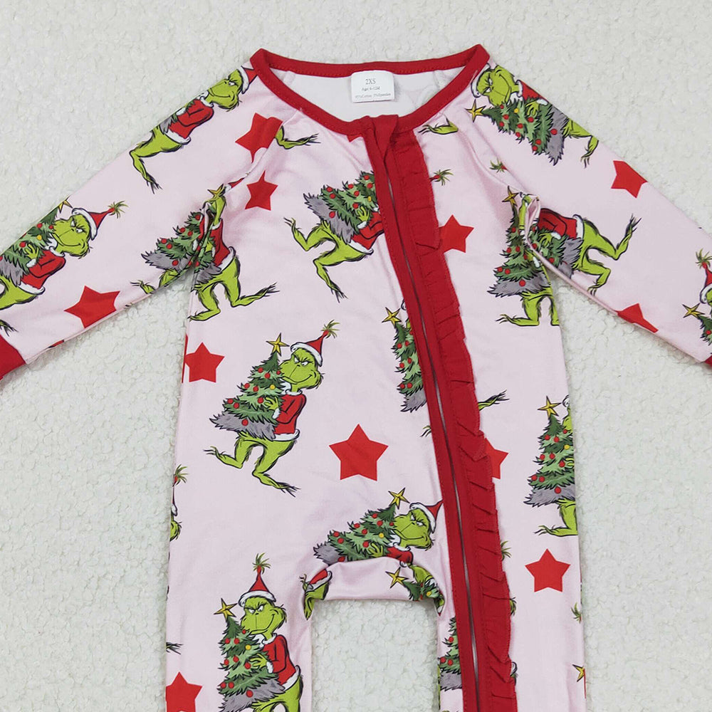 RTS NO MOQ (In stock)LR2496 Baby Girls Winter Rompers Green Faces Christmas Trees Ruffle Zipper Rompers for Holiday Outfit