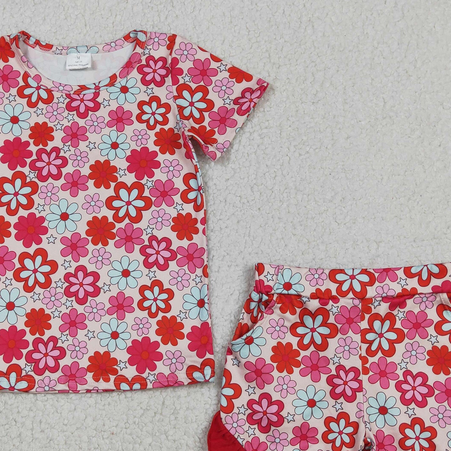 GSSO3471 RTS NO MOQ (In stock )Short sleeves floral top red ruffle shorts girls outfits