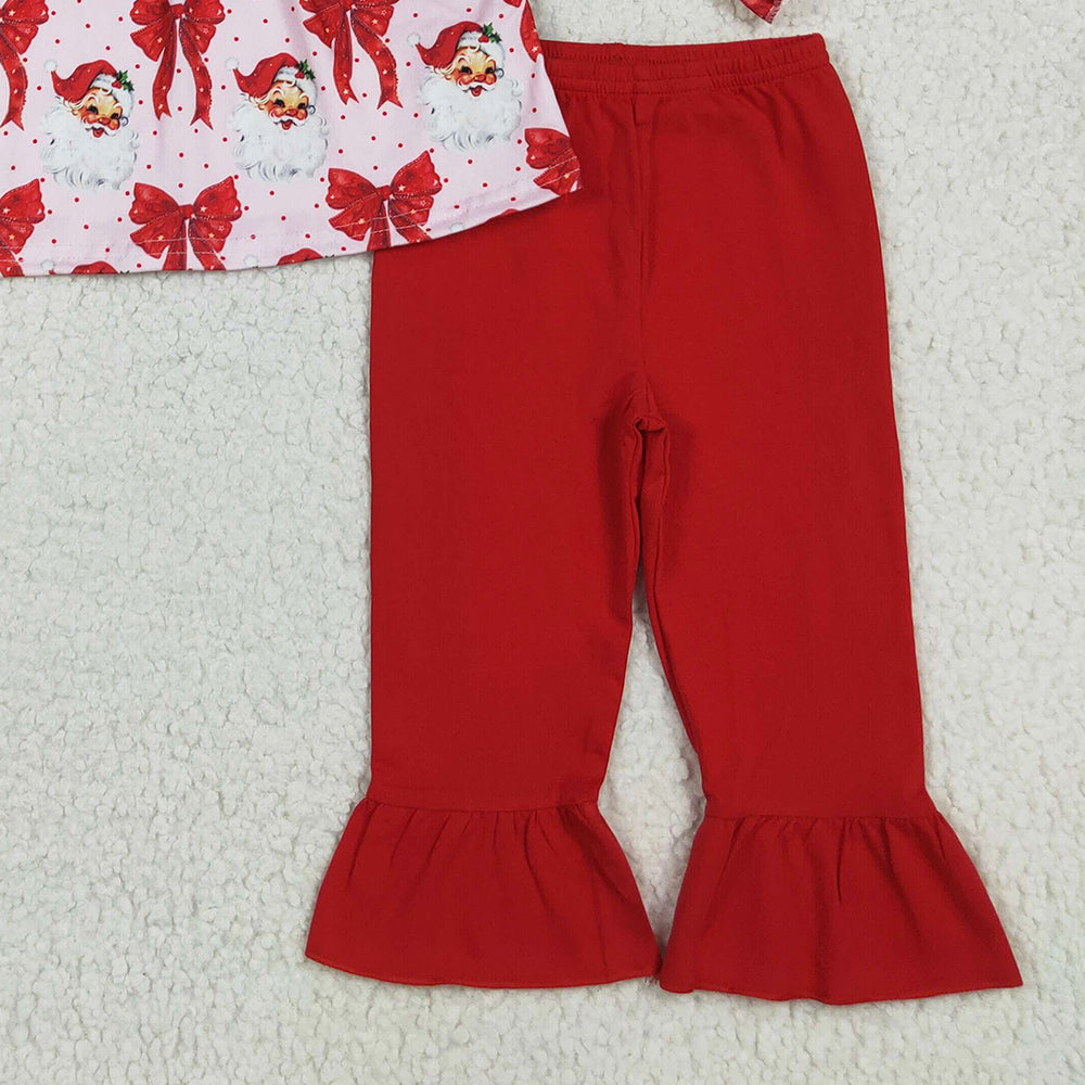 GLP2347 RTS NO MOQ Baby Girls Winter Outfits Baby Girls Long Sleeves Red Santa Bows Tunic Ruffle Pant Sets