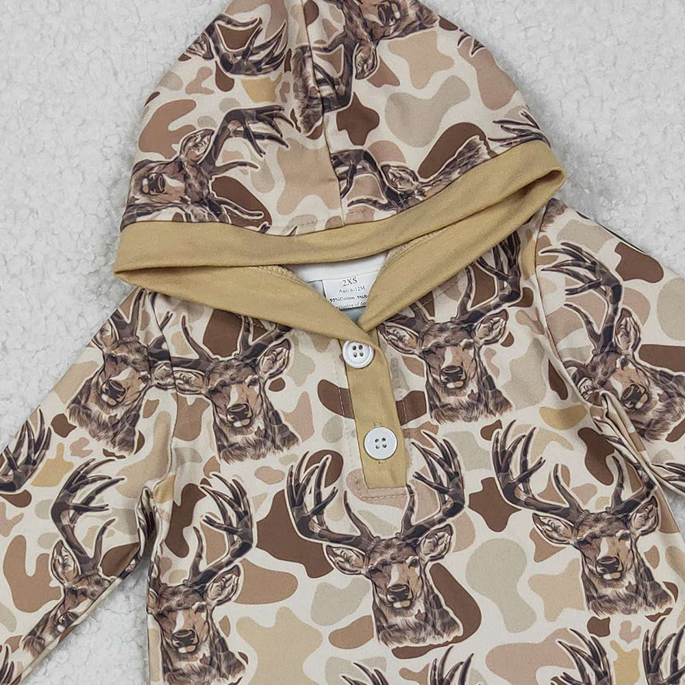 10.10 RTS NO MOQ (In stock)LR2593 Baby Boys Winter Rompers Baby Boys Khaki Camo Deer Button Hoodie Hunting Rompers