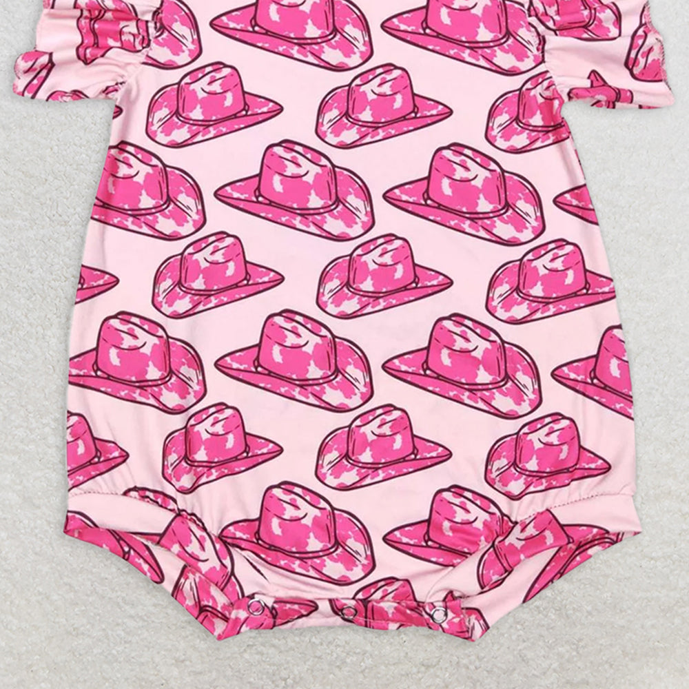 SR0623RTS NO MOQ Baby Girls Summer Rompers Short sleeves hot pink hat baby girls western romper