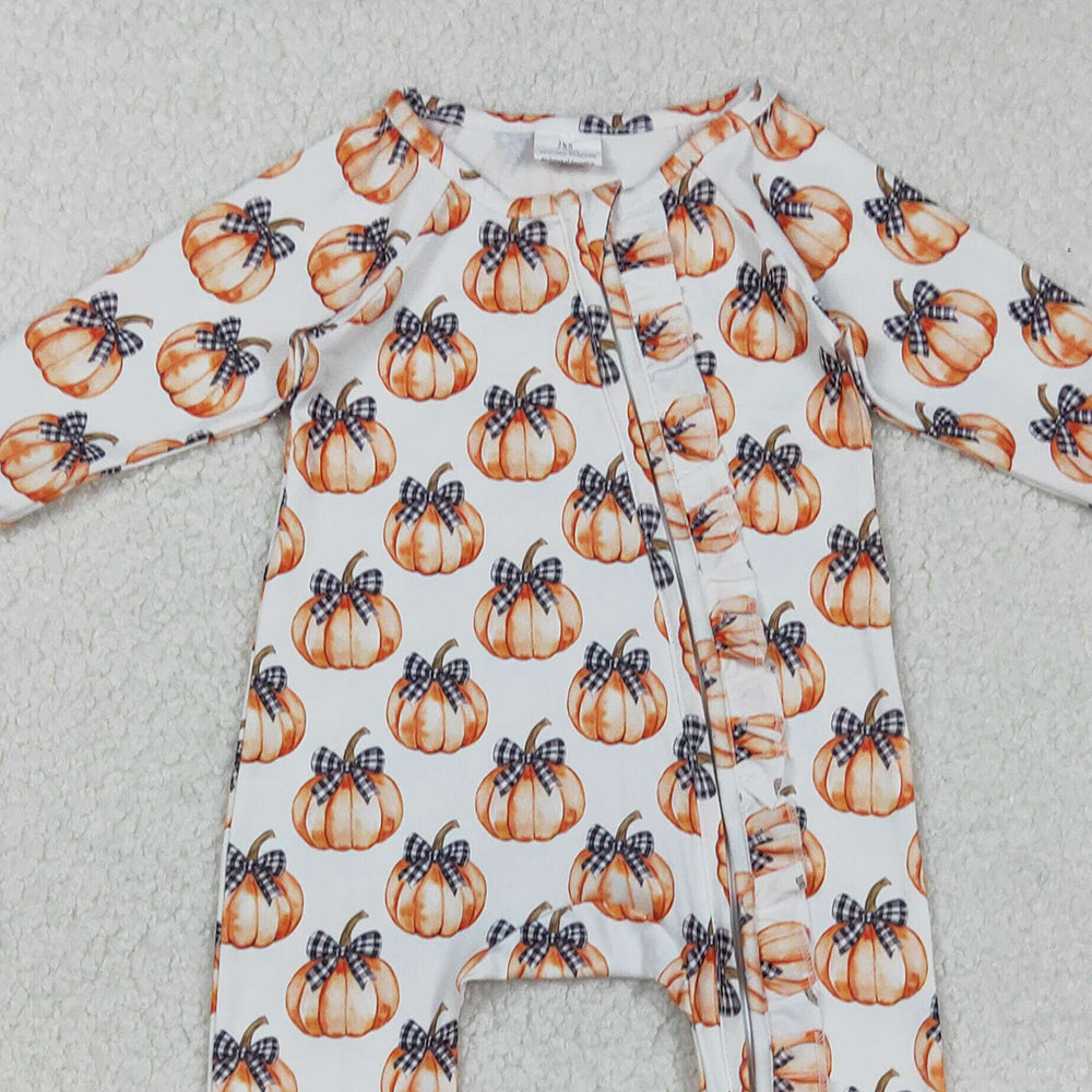 RTS NO MOQ (In stock)LR2557 Baby Boys Winter Rompers Black Plaid Bow Pumpkin Zipper Romper for Baby Girls Fall Season Outfit