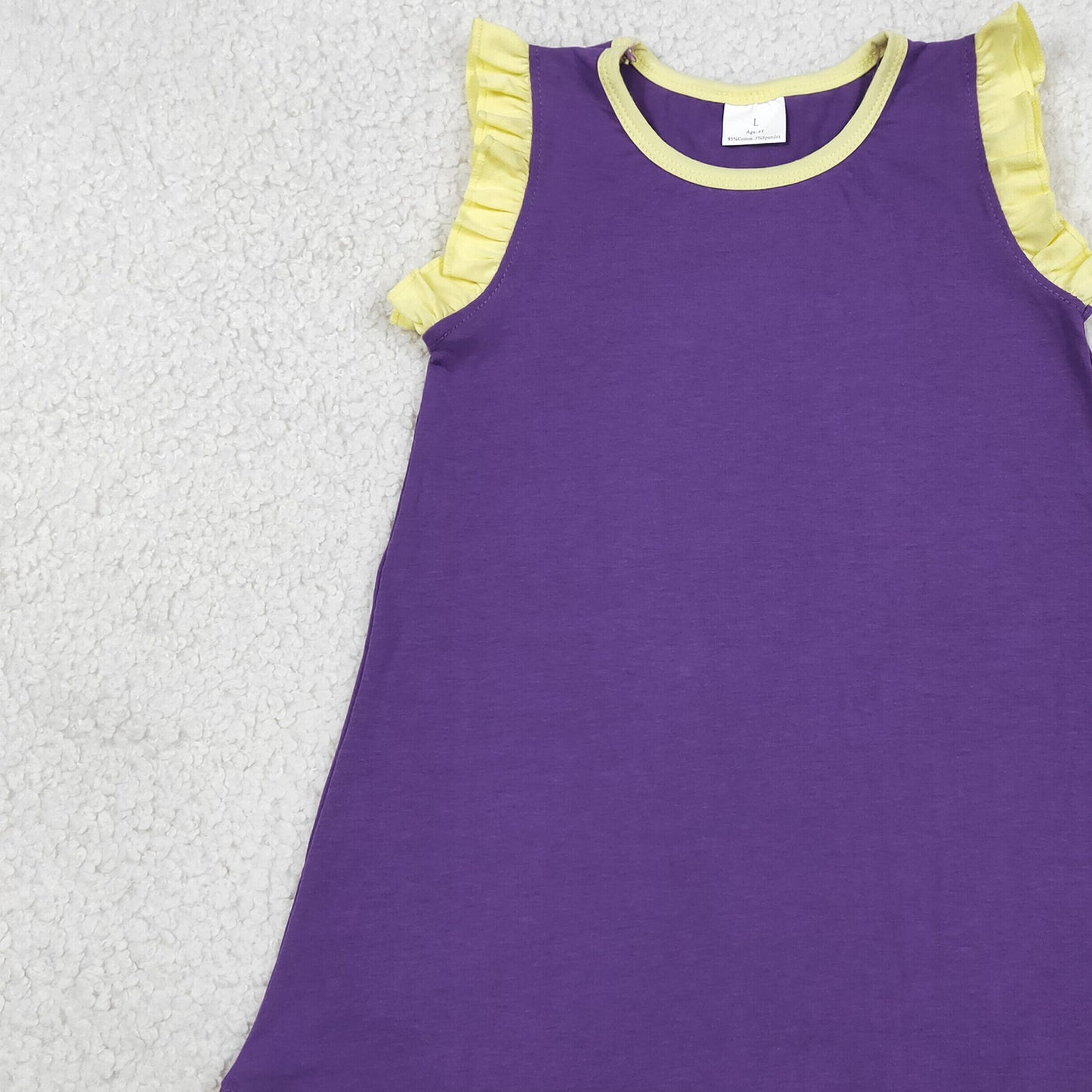 GSD4046 RTS NO MOQ (In stock)Yellow scallop ruffle sleeveless purple girls cotton team dress
