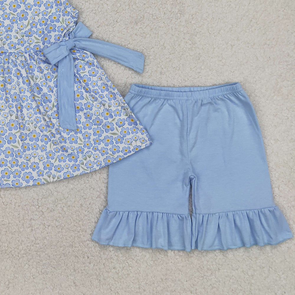 4.14 GSSO2204 RTS NO MOQ Baby Girls Summer Outfits Sleeveless floral bow tunic ruffle shorts girls clothing