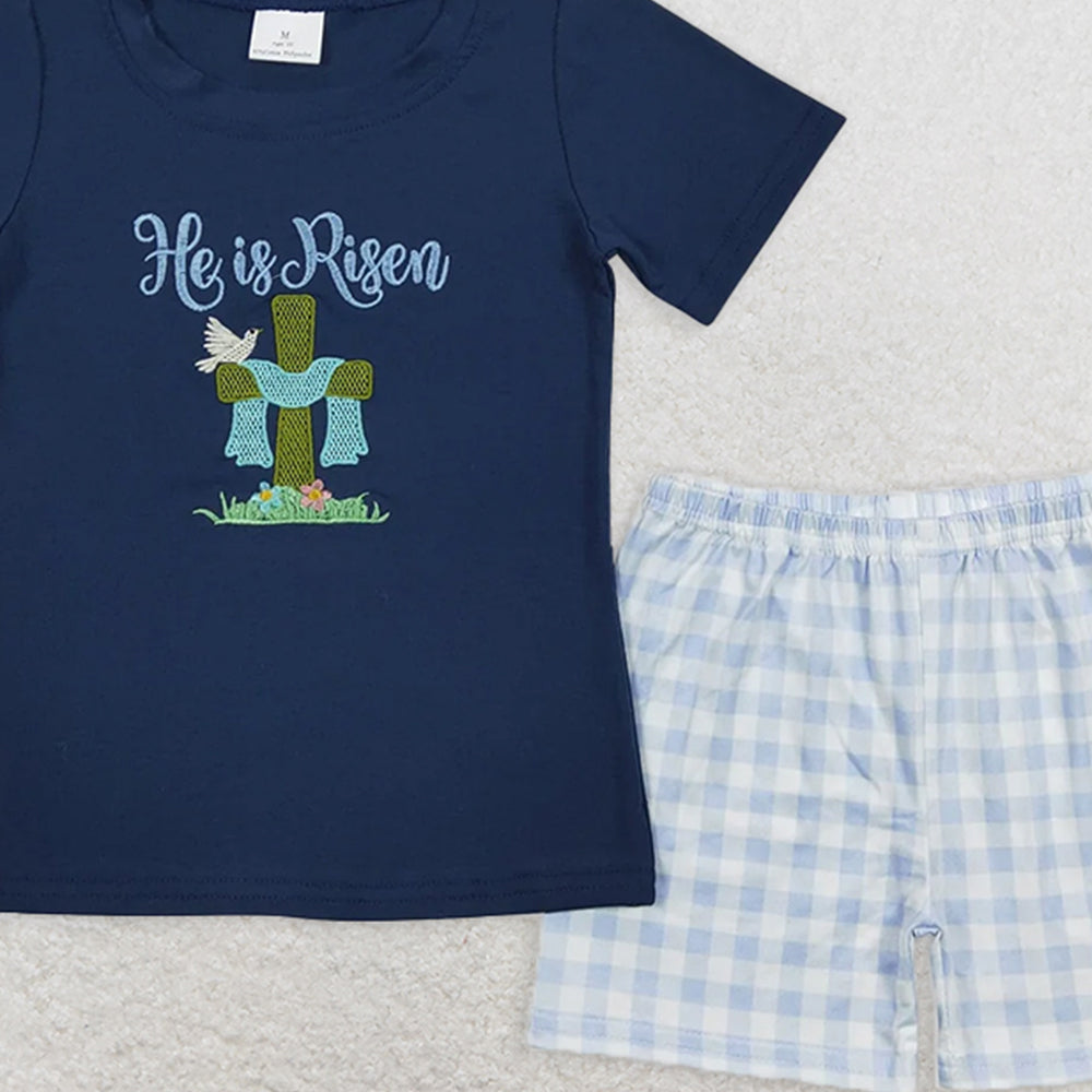 BSSO0319 RTS NO MOQ Baby Boys Summer Boys Outfits Baby Boys embroidery Easter He Is Risen Shirt Tee Black Shorts Clothes Sets