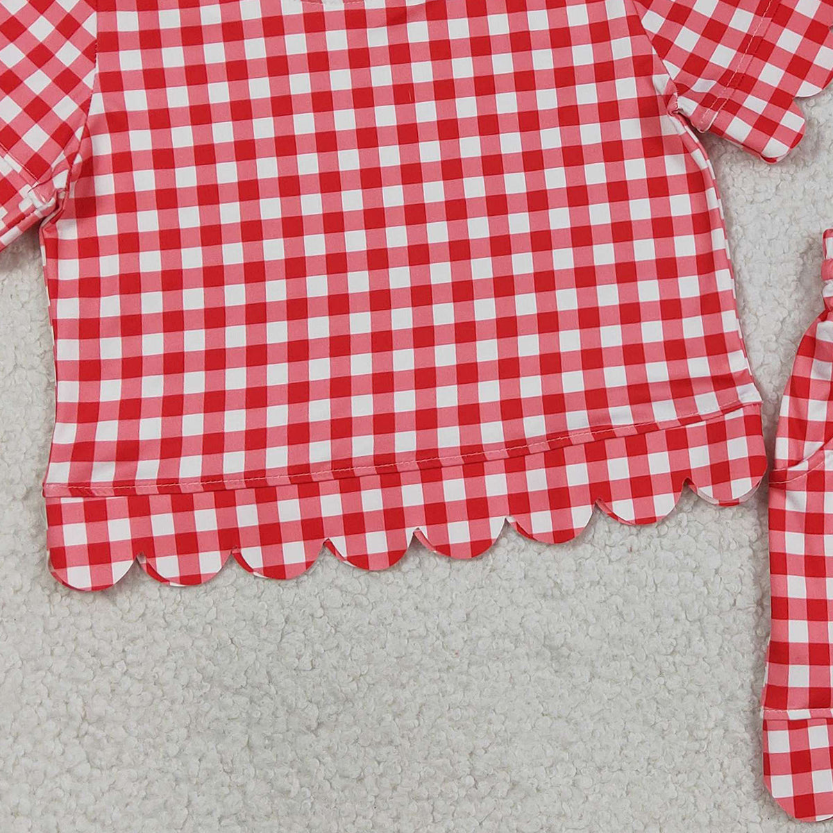 3.16 RTS NO MOQ (In stock)GSSO3187 Fashion Clothing For Baby Girls Red Checked Shirts Top Pockets Short Scallop Clothes Set