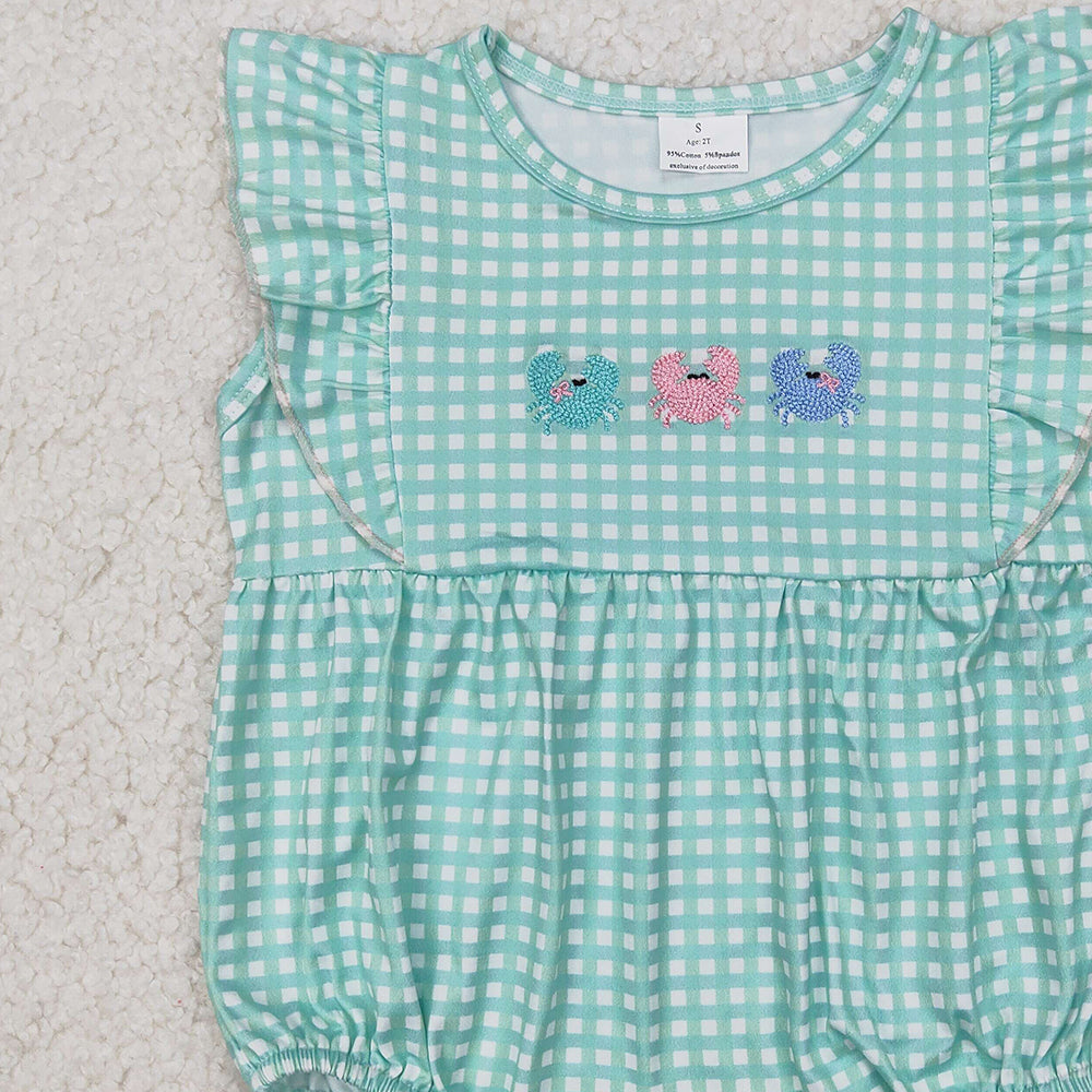 6.11 SR2659 RTS NO MOQ Baby Girls Summer Romper Flutter sleeves plaid crab baby girls summer romper