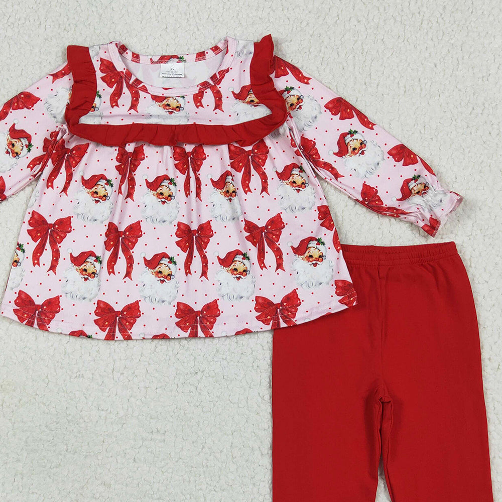 GLP2347 RTS NO MOQ Baby Girls Winter Outfits Baby Girls Long Sleeves Red Santa Bows Tunic Ruffle Pant Sets