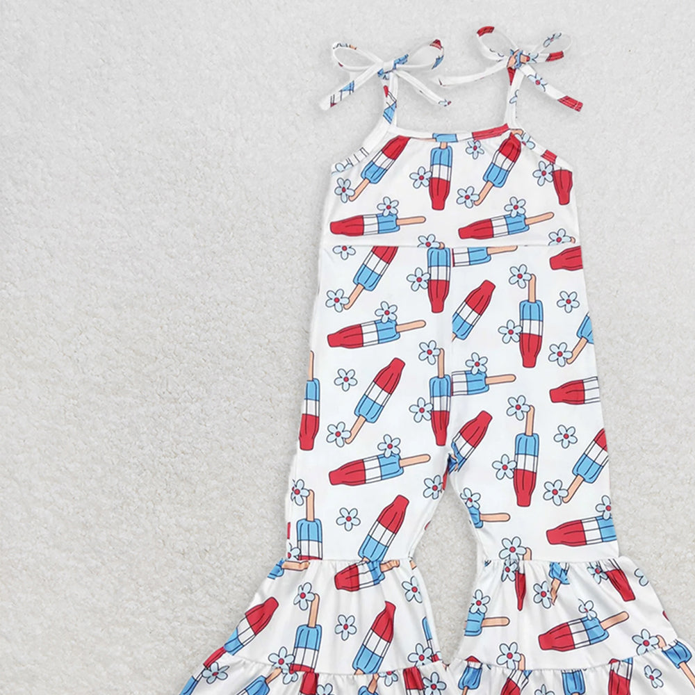 SR0905 RTS NO MOQ Baby Girls Summer Jumpsuits Baby Girls 4th Of July Popstick Straps Bell Pants Jumpsuits
