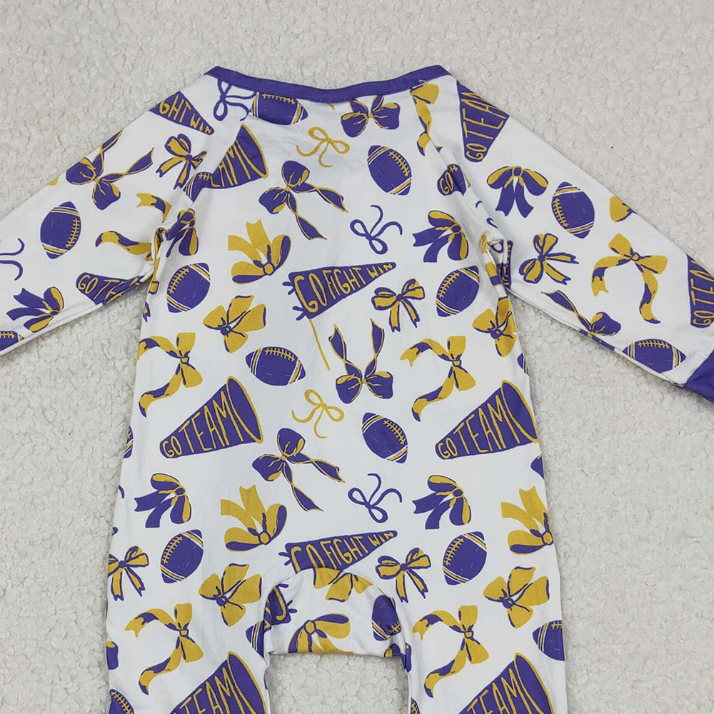 9.29 RTS NO MOQ (In stock)LR2513 Baby Girls Winter Rompers Baby Girls Team Purple Bows Footballs Ruffle Zipper Footie Rompers