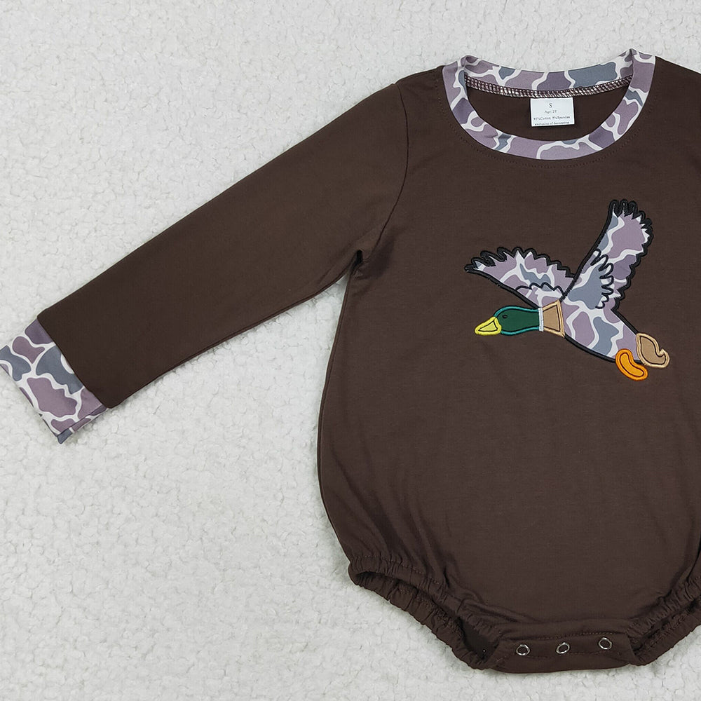 USA Shop (in stock)LR2310 Baby Boys Winter Rompers Embroidery Baby Boys Brown Long Sleeves Camo Duck Western Rompers
