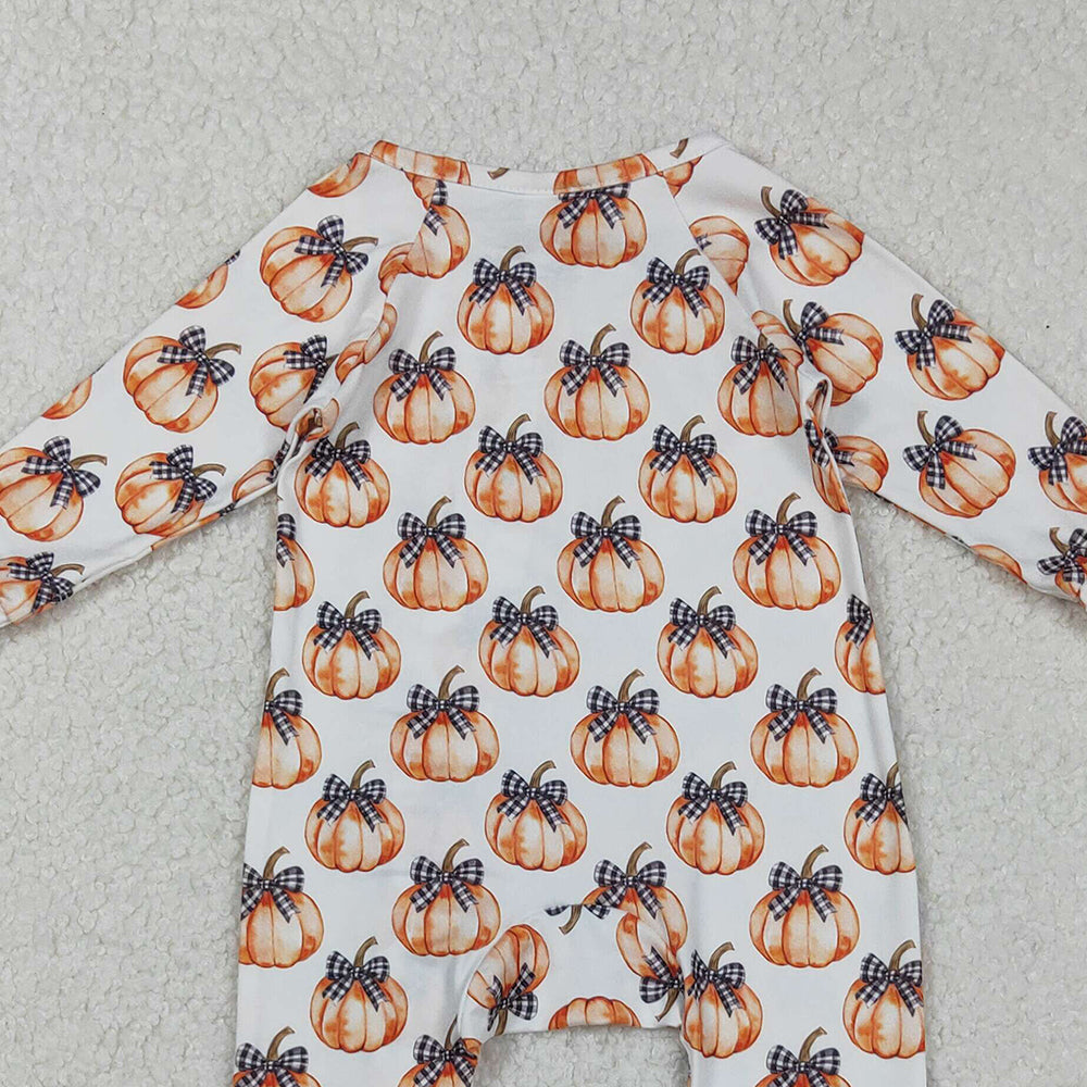 RTS NO MOQ (In stock)LR2557 Baby Boys Winter Rompers Black Plaid Bow Pumpkin Zipper Romper for Baby Girls Fall Season Outfit