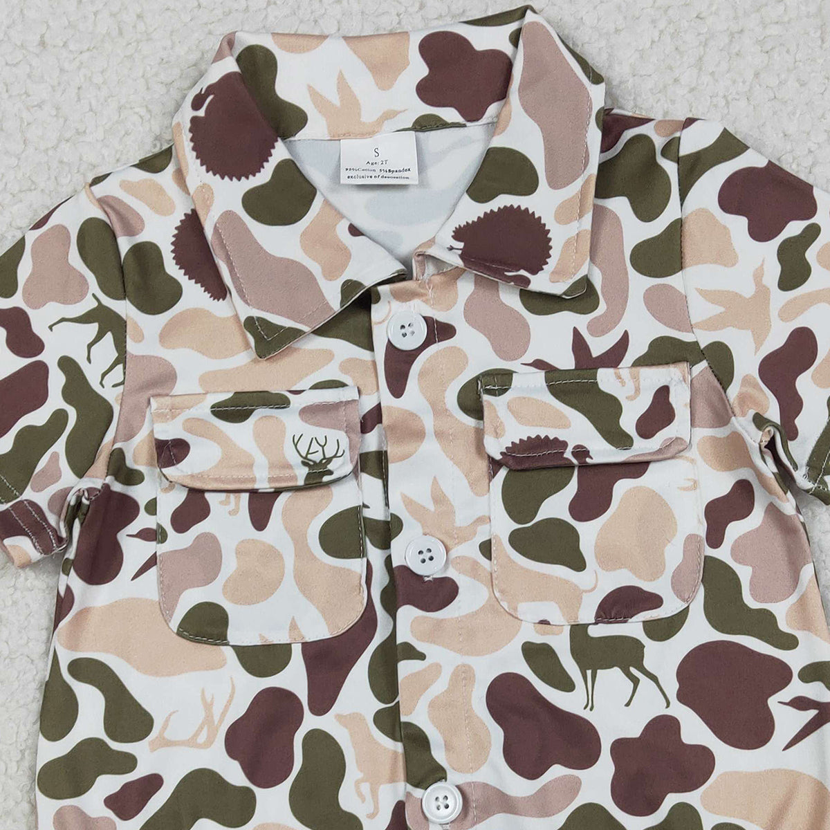 12.24 RTS NO MOQ (In stock)SR3657 Baby Boys Rompers Baby Boys Dogs Ducks Deer Camo Button Pockets Hunting Romper