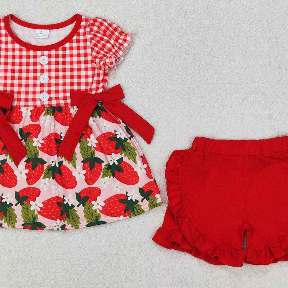 GSSO1648 RTS NO MOQ Girls Red Plaid Short Sleeve Tunic Short Set Cute Strawberry Design Children's Clothing Outfit