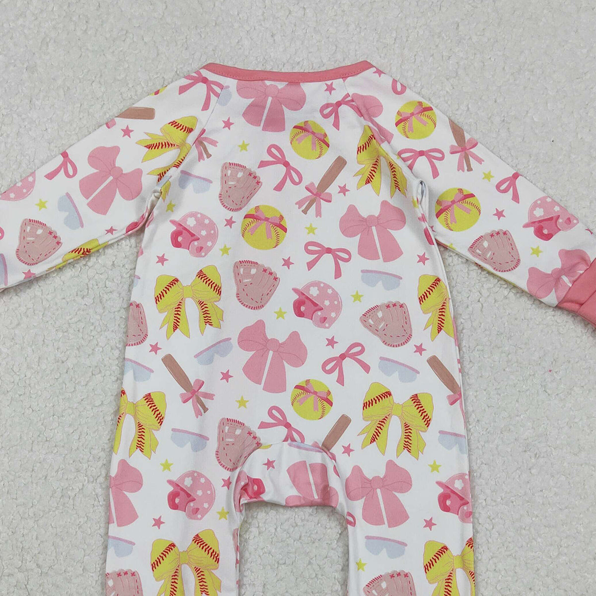 10.23 RTS NO MOQ (In stock)LR2705 Baby Girls Winter Rompers Baby Girls Pink Yellow Baseballs Bows Team Zipper Footie Rompers