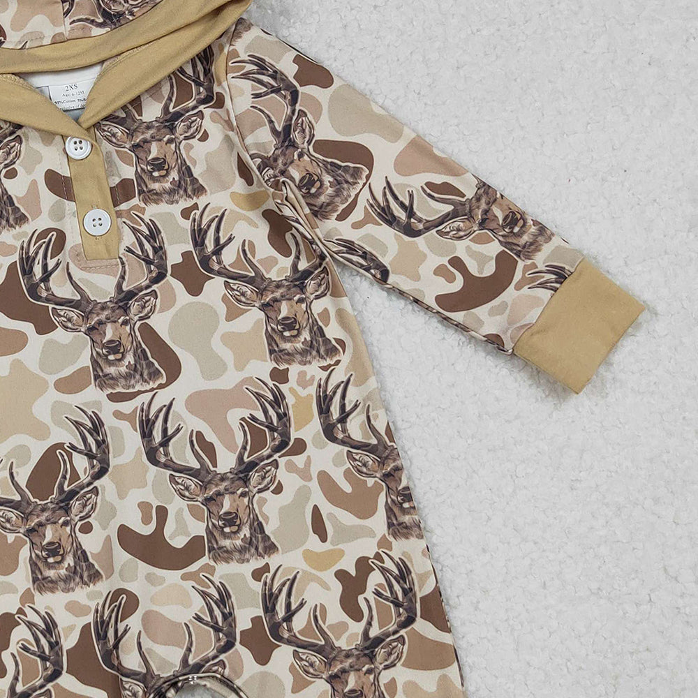 10.10 RTS NO MOQ (In stock)LR2593 Baby Boys Winter Rompers Baby Boys Khaki Camo Deer Button Hoodie Hunting Rompers