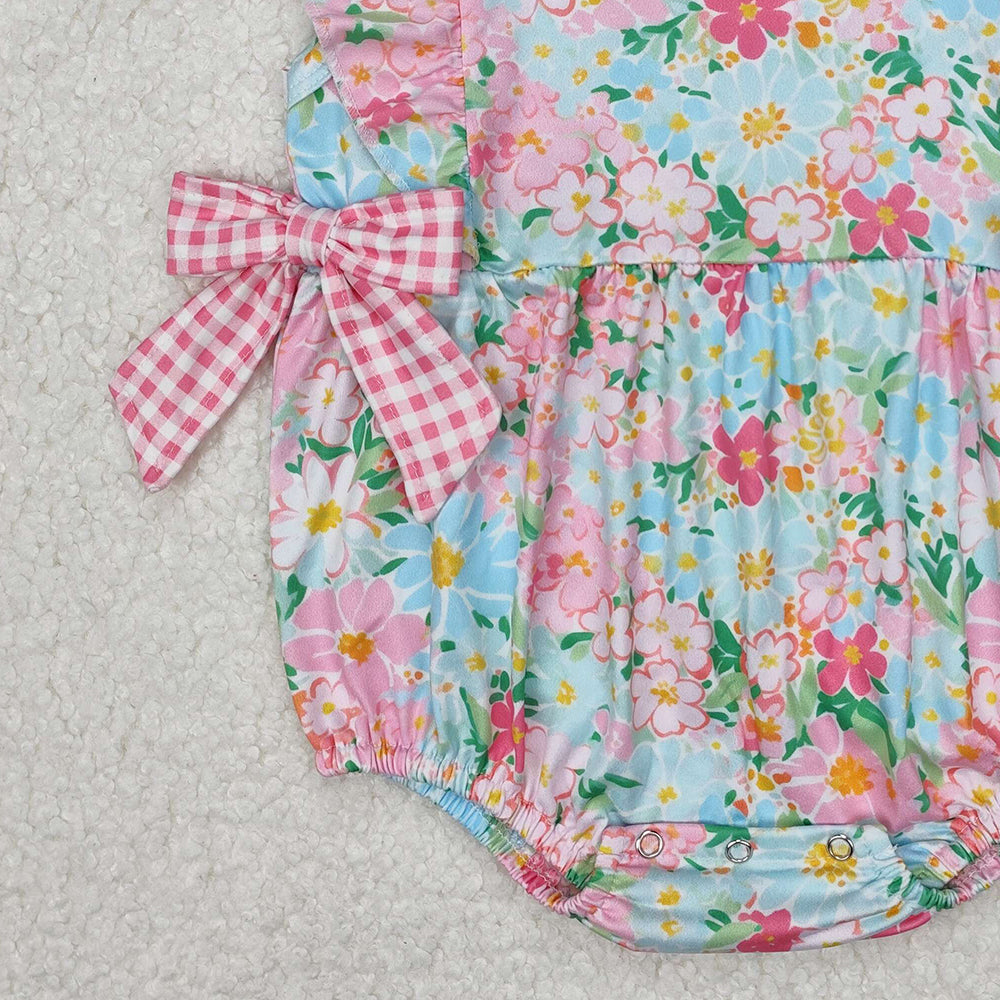 SR2719Baby Girls Ruffle Floral Pink Plaid Bow Summer Romper Cute Infant Outfit with Bow Detailing for Little Girls