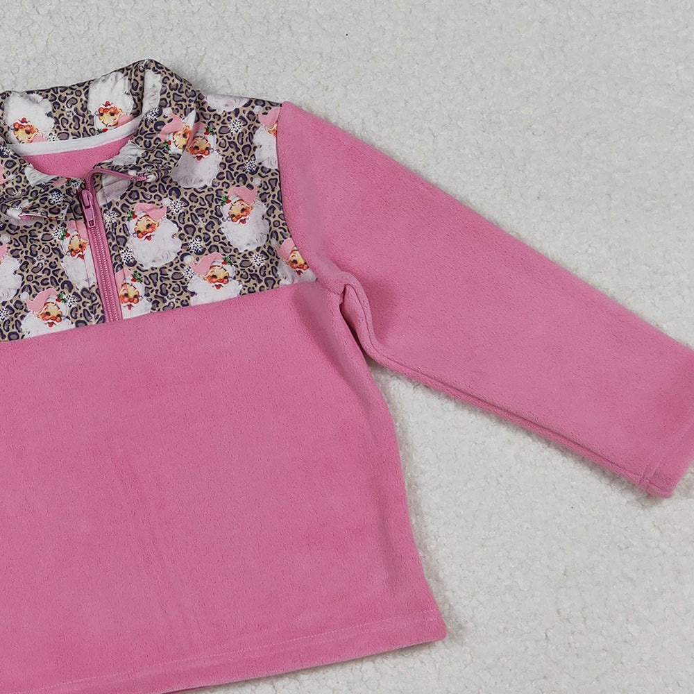 RTS NO MOQ (In stock)GT1151 Baby Girls Long Sleeve Tops Santa Leopard Christmas Half Zipper Pullover Sherpa Tops