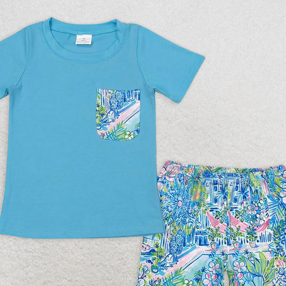 BSSO0840 RTS NO MOQ Baby Boys Summer Boys Outfits Baby Boys Blue Top Floral Shorts Set