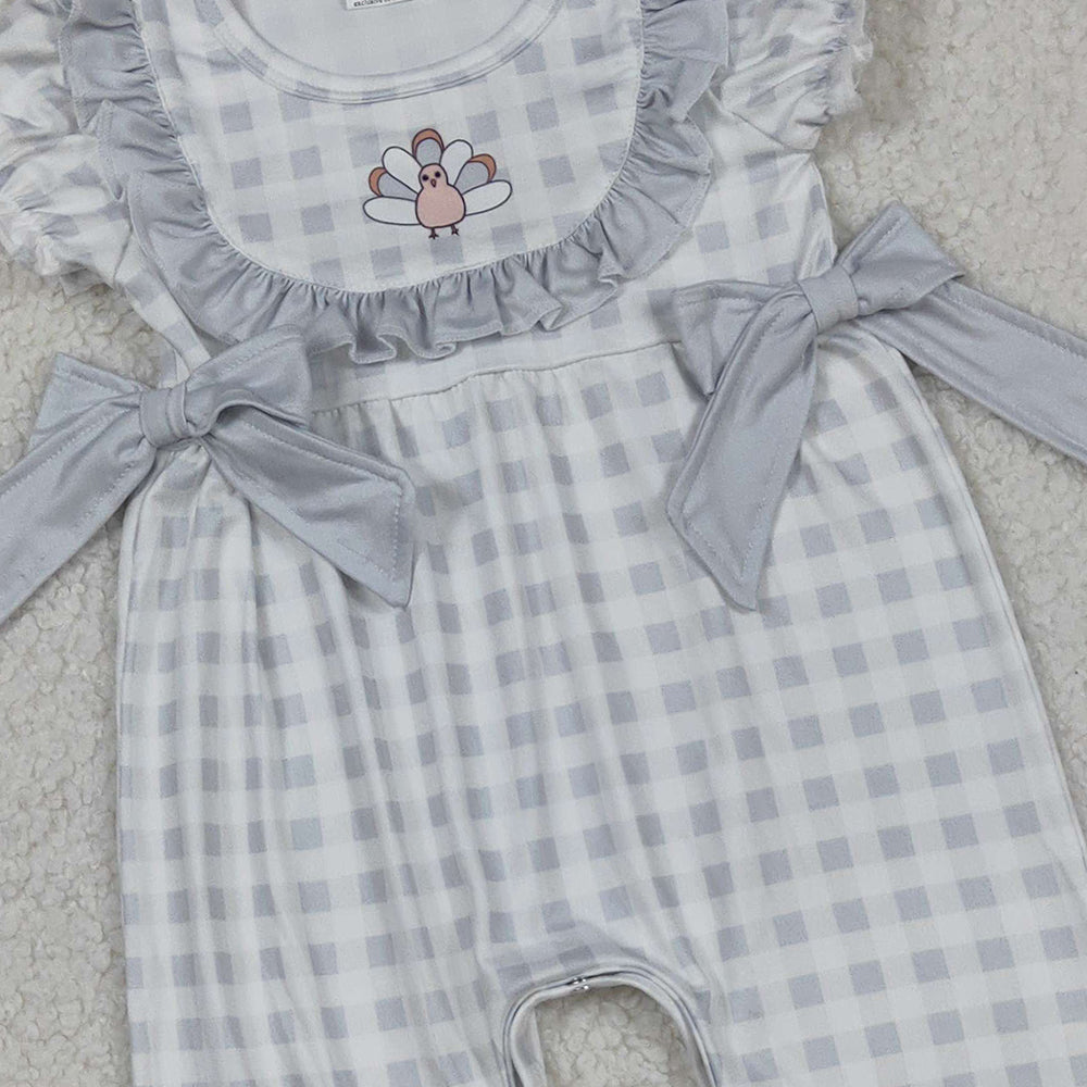 RTS NO MOQ (In stock)SR1970 Baby Girls Autumn Rompers Plaid Turkey Romper Short Sleeves Thanksgiving Theme Outfit