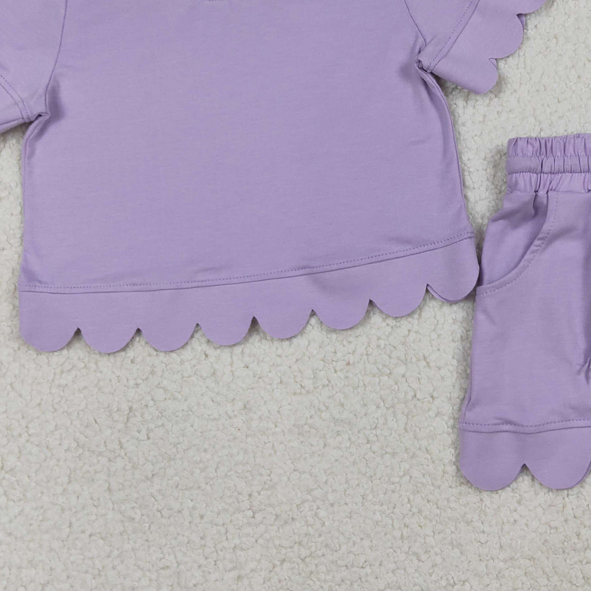 3.24 RTS NO MOQ (In stock)GSSO3171 Kids Clothing for Baby Girls Short Sleeve Lavender Shirt Pockets Shorts Scallop Clothes Sets