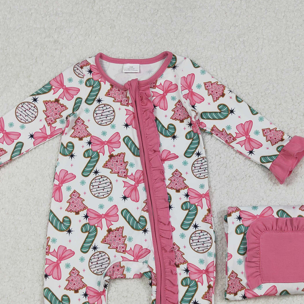 10.18 RTS NO MOQ (In stock)LR2486 Baby Girls Winter Rompers Baby Girls Candy Cane Trees Christmas Ruffle Zipper Footie Rompers