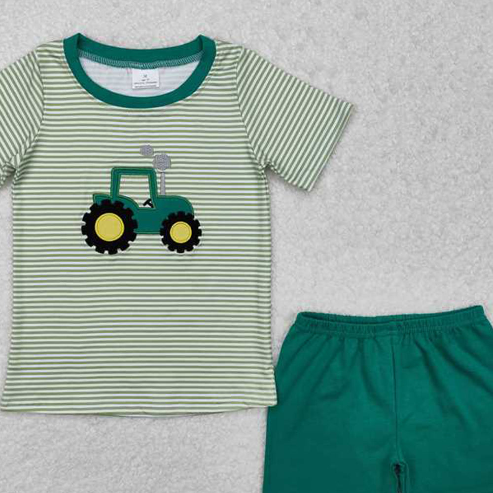 6.09 BSSO1184 RTS NO MOQ Baby Boys Summer Boys Outfits Baby Boys Short Sleeves Embroidery Truck Print Stripe Top Green Shorts Farm Set