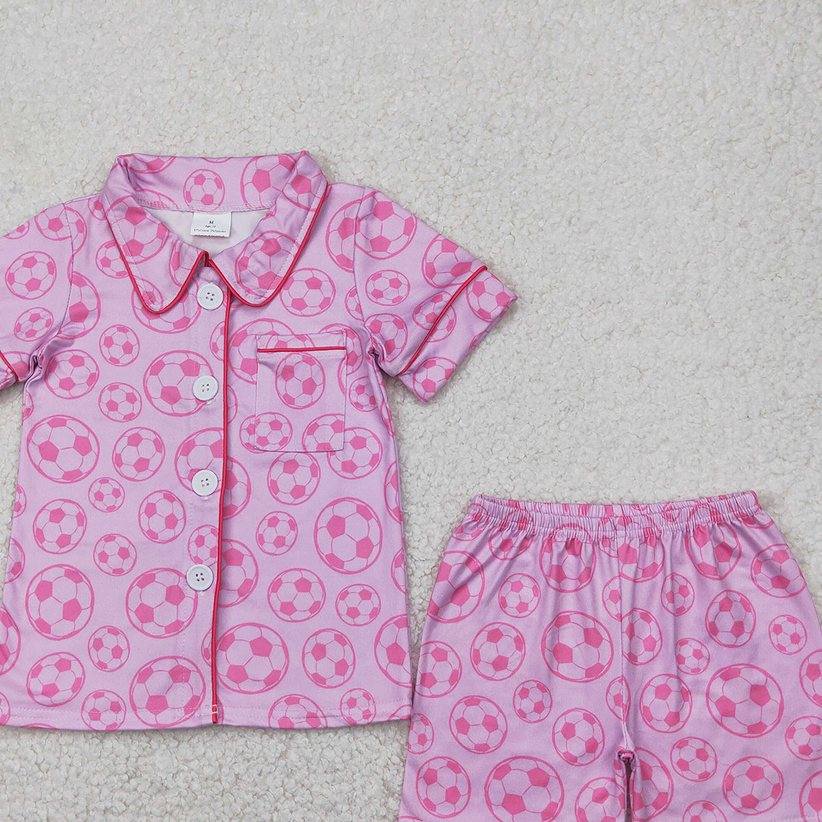 4.12 GSSO1957 RTS NO MOQ Baby Girls Summer Pajamas Outfits Short sleeves pink soccer baby girls button down pajamas