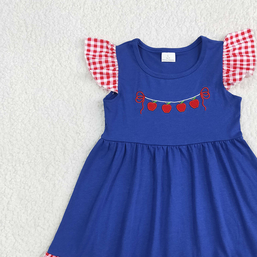 GSD2153RTS NO MOQ Baby Girls Summer Dress Embroidery Baby Girls Red Plaid Flutter Sleeves Apples Dress
