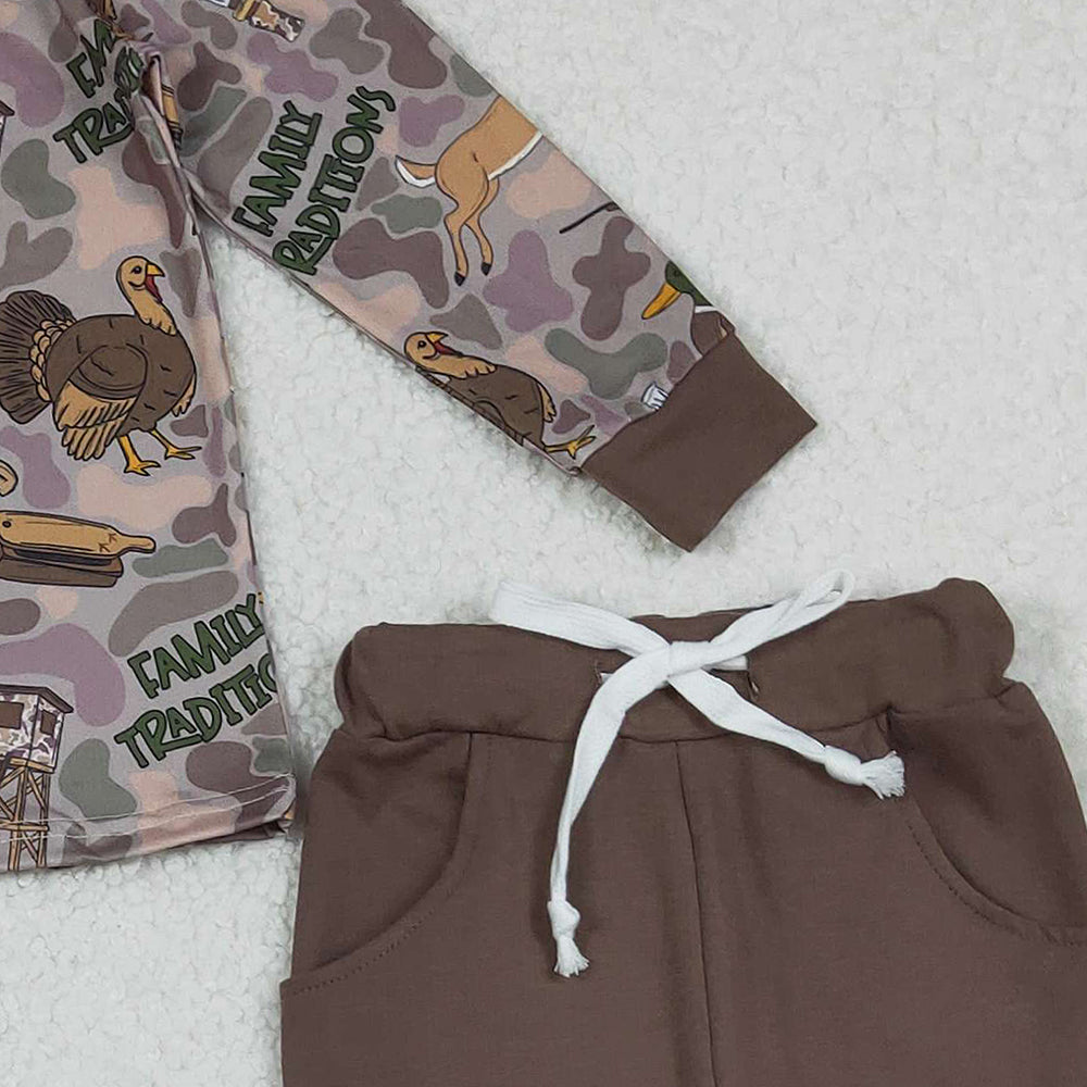 9.30 RTS NO MOQ (In stock)BLP1178 Baby Boys Winter Outfits Baby Boys Brown Turkey Ducks Camo Top Pockets Pant Hunting Clothes Set