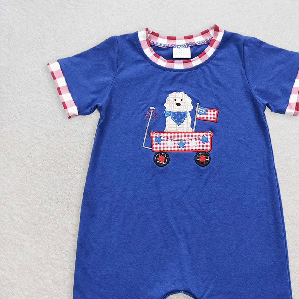 SR0749 RTS NO MOQ Baby Boys Summer Rompers Embroidery Baby Girls July 4th Dog Flag Sister Brother Rompers Clothes Sets