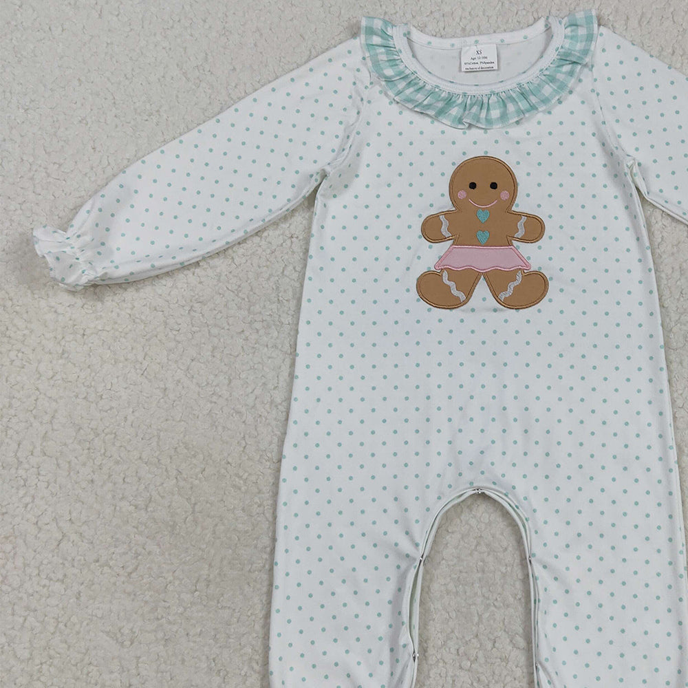 RTS NO MOQ (In stock)LR2341 Baby Girls Winter Rompers Embroidery Baby Girls Christmas Polka Dots Gingerbread Rompers
