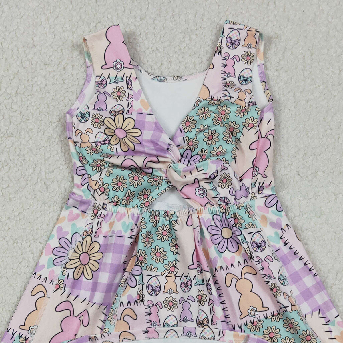 12.23 RTS NO MOQ (In stock)GSD3051 Baby Girls Rabbits Flowers Checked Easter Yoga Active Shorts Knee Length Dresses