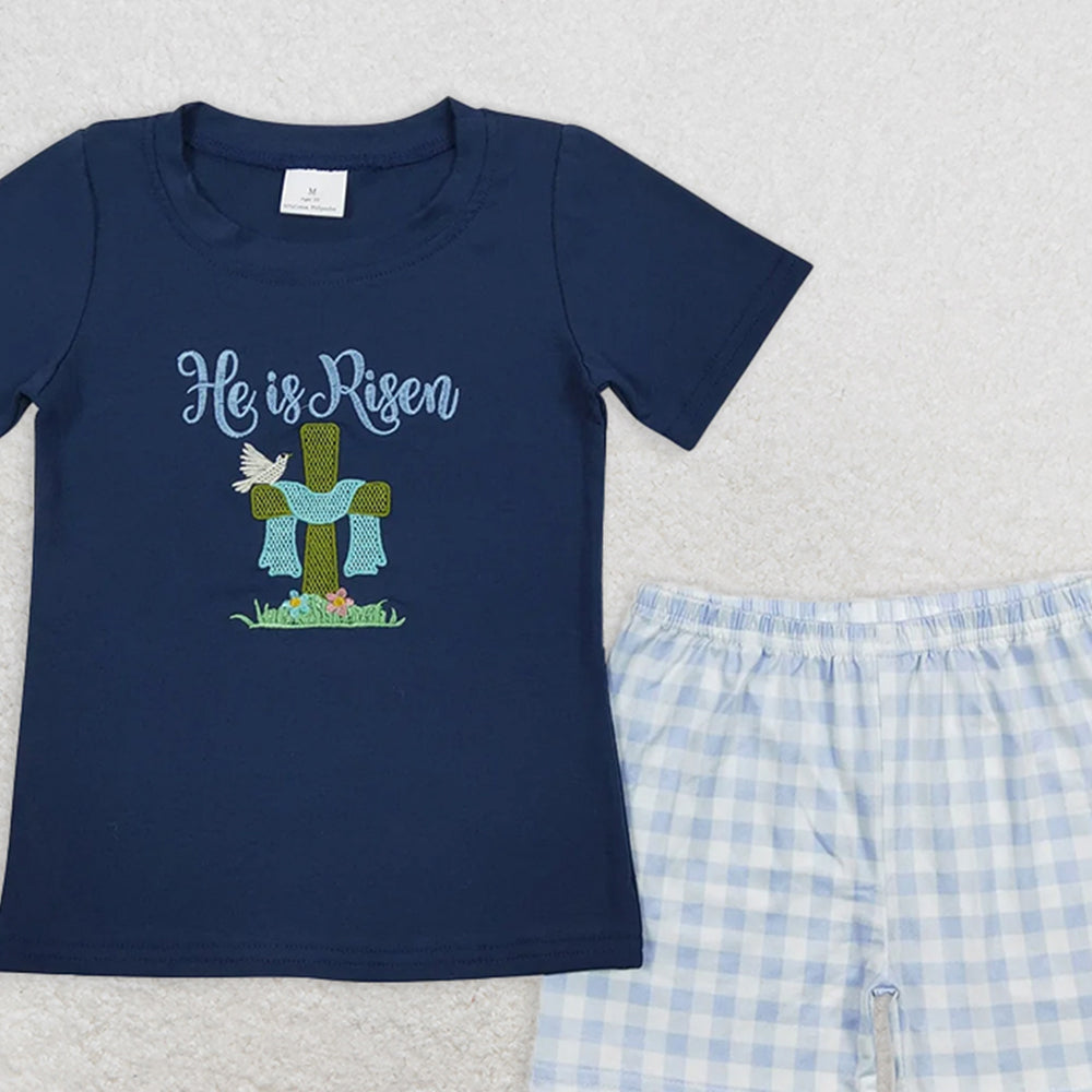 BSSO0319 RTS NO MOQ Baby Boys Summer Boys Outfits Baby Boys embroidery Easter He Is Risen Shirt Tee Black Shorts Clothes Sets